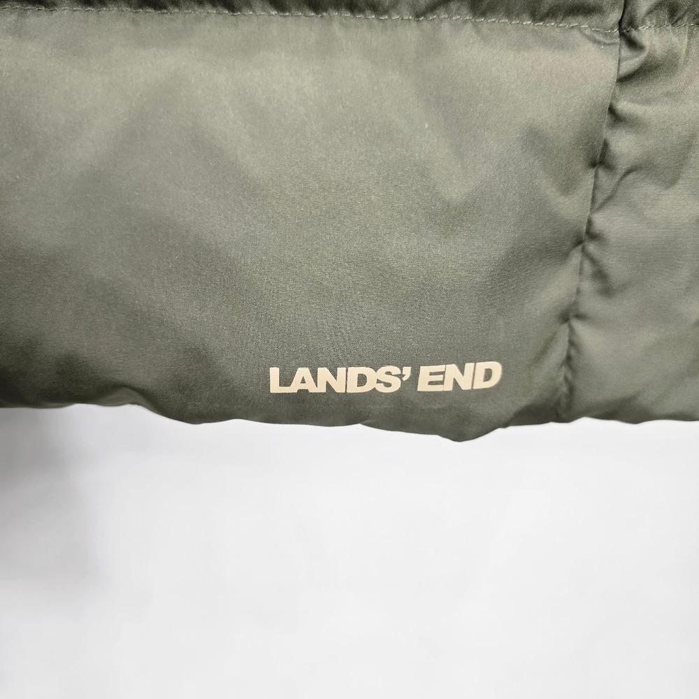 Lands End Down Puffer Coat Jacket M Olive Green Faux Fur Hood Winter Snow Parka - Picture 13 of 16